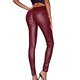 Aurlust Schwarze Lederhose für Damen, Kunstleder-Leggings mit Taschen, hohe Taille, schlanke Lederhose, weinrot, XL