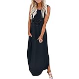 Maxikleider für Damen, Hippie-Soul-Buchstaben, bedruckt, seitliche geteilte Taschen, Sommerkleid, ärmellos, langes Kleid, lässig, lockeres T-Shirt-Kleid, Schwarz 01, XL