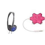 Panasonic RP-HT010E-A Kopfhörer blau (besonders leicht und angenehm zu tragen) & Amazon Basics - 5-Wege Aux Audio-Splitter für Kopfhörer, Pink