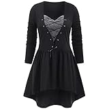 Rosennie Damen Langarm Patchwork Kleid Übergröße Cross Bandage Minikleid Einfarbig V-Ausschnitt Langärmliges Kleid Unregelmäßige Casual Sweatshirt Kleid Tunika Kleid für F