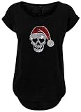 BlingelingShirts Damen Fun Shirt Weihnachten Totenkopf mit Weihnachtsmütze Skull Strass Weihnachtsshirt, schwarz, Gr. L E