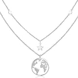 Silber Kette Damen mit Weltkarten Anhänger 925 Sterling Silber Doppelkette Halskette Schmuck für Frauen Madchen Kettenlänge 18 Zoll mit Geschenkbox (Weltkarten-1)