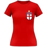 Damen England Football Team Pocket Shield T-Shirt Damen European Cup 2021 Footy Fan Tee Top, rot, S