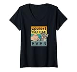 Damen The Coolest Cat Dad Ever Retro Distressed Cat Daddy Vintage T-Shirt mit V