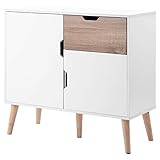 Kslogin Sideboard, Kommode mit 1 Schublade 2 Türen, Schrank für Schlafzimmer/Wohnzimmer/Esszimme, 5 Stützbeine, Beistellschrank, Weiß + Eiche aus Holz, 89*39*82.5