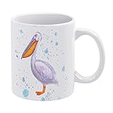 Pelikan Keramiktasse mit Wasserfarben-Motiv, handgezeichneter weißer Vogel für Kaffee, Tee, Milch, Heimbü