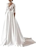 HUINI Damen Brautkleider Hochzeitskleider Standesamtliche Lang Satin Strand Brautkleid A-Linie Spitzen Brautmode mit Schleppe Weiß 40