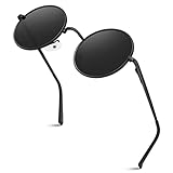 CGID Kleine Retro Vintage Sonnenbrille, inspiriert von John Lennon, polarisiert mit rundem Metallrahmen, für Frauen und Männer Schwarz Grau E01