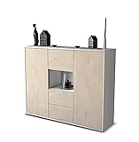 Stil.Zeit Highboard Kommode Nila - Korpus Weiss matt - Front Holz-Design Zeder (136x108x35cm) - Push-to-Open Technik & hochwertigen Leichtlaufschienen - Made in Germany