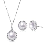Immobird Schmuckset Damen Perlen Anhänger Halskette Silber 925 Ohrringe 40+5cm Süßwasserperlen Schmuck Hochzeit Abschlussb