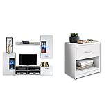 Stella Trading FRONTAL Wohnwand Komplett-Set in Weiß matt - 230 x 185 x 38 cm & Pepe Nachttisch Weiß - Schlichter Nachtschrank mit Einer Schublade - 39 x 41 x 28
