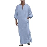 BOLANQ Herren V-Ausschnitt Leinen Robe Kurzarm Langes Kleid Freizeithemd Sommer Hemd Casua Blusen Herren Hawaiihemd Kurzarm Herren Summer Bohemia Beach Quick Dry Großen H