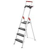 Hailo L100 TopLine Alu-Sicherheits-Stehleiter | 4 XXL-Stufen bis 150 kg | Stehleiter mit ausziehbarem Haltebügel, Plattformverriegelung | viel Zubehör | klappbare Aluleiter made in Germany | schw