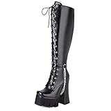 Damen Overknee Plateau Stiefel Square Toe Solide Reißverschluss High Heels Stiefel Chunky Oberschenkel Hoch Motorrad Combat Punk Goth Stiefel, 1schwarz, 36.5 EU