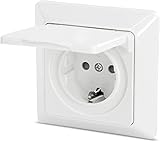 UP Feuchtraum Steckdose mit Feder-Klappdeckel IP44 - passt in Schalterdosen 60mm - All-in-One - Rahmen + Einsatz + Abdeckung + Silikonring - P1 weiß