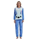 Zhiwei Damen Schlafanzug Lang Pyjama Set Flanell Herbst Winter Nachtwäsche Zweiteiliger Sleepwear Soft Loungewear Hausanzug Rundhals Schlafanzüge Hausanzug für Frauen (Blau, S)