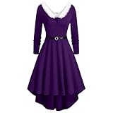 Damen Weihnachtskleid 50er Jahre Vintage Langarm A-Linie Rockabilly Abendkleider Mit Faux-Plüsch V-Kragen Cocktailkleider Elegant Frauen Kleider Miss Santa Weihnachtsfrau Schulterfreies Party