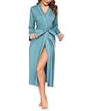 Ekouaer Morgenmantel Damen Bademantel Lang Winter Saunamantel mit Gürtel Hausmantel Langarm Nachtwäsche Frauen Sexy Blau S