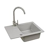 VBChome Spüle mit Armatur 58x43 Grau Granitspüle Ablauf Unterschranke ab 50 cm Siphon Küchenspüle Einzelbecken Einbauspüle gesprenkelt Wasserhahn Inox
