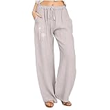Haiorziyou Damen Hosen Jeans LöCher Leinenhose Lang Hose Elastische Taille Jogginghose Schlaghose Straighthose Breite Bein Pants Gerade Lounge Sporthose Fitnesshose mit Elastische Bund L