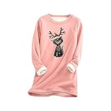 Mingyun Damen Pullover Kawaii Weihnachtsmotiv Reindeer Bedruckt Einfarbig Sweatshirt Rundhals Langarmshirt Fleecepullover Casual Kasack Dicke Bluse Winter Sehr Warme Top