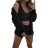 GFGHH Frauen Sexy Fuzzy Fleece 3-teilige Outfits Soft Coat Jacke Und Crop Top Shorts Set Open Front Hooded Cardigan + Crop Top Shorts Set Loungew