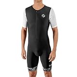 SLS3 Triathlon Einteiler Herren | Aerodynamischer Kurzarm Trisuit mit Ärmeln | 2 Taschen | Wettkampf | Front-Reißverschluss | Schwarz (Black/White Geo, XL)