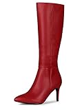 Allegra K Damen Stiefel mit spitzem Zehenbereich, seitlichem Reißverschluss, Stiletto-Absatz, kniehohe Stiefel, rot, 40 EU