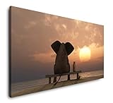 Paul Sinus Art Elefant und Hund schauen in Sonnenuntergang 120x 60cm Panorama Leinwand Bild XXL Format Wandbilder Wohnzimmer Wohnung Deko Kunstdruck