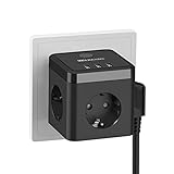 Steckdosenwürfel mit USB Ohne Kabel, 3 Fach Mehrfachsteckdose Steckdosenadapter (2400W/10A), 3er Steckdose mit Schalter, Mehrfachstecker Dreifachstecke mit 3 USB (5V/3.1A) für Büro, Zuhause - Schw