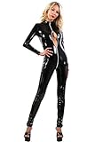 MISS NOIR Damen Vinyl Overall im Wetlook S-3XL mit 4-Wege-Reißverschluss Rückenfreier Sexy Jumpsuit Catsuit Exklusives Clubwear (Schwarz, XXL)