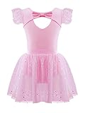 MSemis Mädchen Ballettkleidung Ballettkleid Kinder Tanzbody Kurzarm Balletttrikot Tanzkleid Ballettbody mit Chiffon Rock Tütü Rosa 152