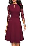 HOMEYEE Damen Elegant Hollow Out Spitzenärmel Swing Plissee Party Cocktailkleid A234 (M, Burgund)