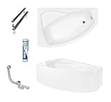 ECOLAM Badewanne Eckbadewanne Acryl Rima weiß 130x85 cm LINKS + Schürze Ablaufgarnitur Ab- und Überlauf Automatik Füße Silikon Komplett-S