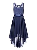 Agoky Mädchen Sommer Chiffon Spitzen Kleid Festlich Partykleid Ärmellos Brautjungfernkleid vorne kurz hinten Lang Rock Hochzeitskleid Navy Blau 134-140