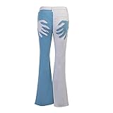 Qtinghua Patchwork-Jeans für Damen und Mädchen, hohe Taille, gerades Bein, Stretch-Denim-Hose, modische Stickerei, Farbblock-Patch-Jeans, hellblau, S