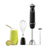 Hom Geek 3-in-1 Stabmixer, Edelstahl Elektrische Stabmixer, Pürierstab mit Turbo funktion, 6 Einstellbaren Geschwindigkeiten, Schneebesen und Milchaufschäumer Mixer für S