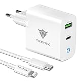 Tecnix USB C Netzteil 38W Dual Port USB C Ladegerät mit Ladekabel,PD 3.0 USB C Power Adapter Ladestecker mit blauem LED-Licht, Schnellladegerät für Phone 12/12 Pro/11 Pad Tablets Huawei,Samsung usw