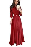 JIER Damen Langarm Knopf Maxikleid Elegant Vintage 1950er Boho Lang Maxi Kleid Kleider Abendkleider Ballkleid Solid Casual Partykleid mit Taschen Gürtel (Rot,XXXX-Large)
