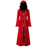 Lazzboy Weihnachten Kostüm Damen Plus Size Christmas Elch Hooded Lace Up Patchwork Langarm Kleid Renaissance Robe Zum Schnüren Mittelalter Mit Kapuze Retro Gothic Cosplay Karneval (L,Rot)
