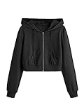 DIDK Damen Sweatjacke Bauchfrei Kapuzenpullover Langarm Kurz Hoodie Sweatshirt Crop Pullover Kapuzenjacke Cropped Zip Jacke mit Taschen Schwarz L