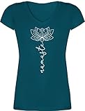 Yoga und Wellness Geschenk - Namaste Lotusblüte weiß - L - Türkis - lotusblüte Tshirt Damen - XO1525 - Damen T-Shirt mit V