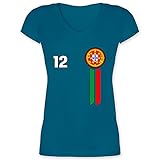 Fussball WM 2022 Fanartikel - 12. Mann Portugal Emblem - XL - Türkis - Fan - XO1525 - Damen T-Shirt mit V