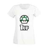 Super Mario - 1 Up - Retro Damen T-Shirt - von Shirt Department, Weiss-schwarz, M
