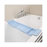 KJGHJ Bath Caddy Multipurpose Einstellbare Badewanne Duschwanne Weinglas Buchhalter Küchenabfluss Korb Bathroon Zubehör Badewanne Caddy Tray (Color : Blue)