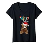 Damen Süßer Teddybär mit Weihnachtsmütze Frohe Weihnachten T-Shirt mit V