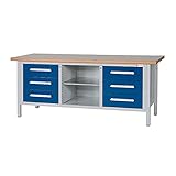 Dringenberg Kastenwerkbank | HxBxT 840 x 2000 x 750 mm | Fahrbar | Enzianblau | Buche | Werkbank Arbeitstisch Kastenwerkbank