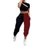 Qtinghua Lässige Damen-Jogginghose mit Kontrastnähten, elastische Taille, hohe Taille, lockere Jogginghose, Schwarz und Weinrot, L