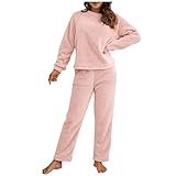 KIMODO Schlafanzug Zweiteiliger Nachtwäsche Kapuzenpullover Damen Herbst Winter Pyjama Flanell Langarm Nachtwäsche Süßes Warm Plüsch Hoodie Pullover und Hosen Homewear (A-Rosa, S)