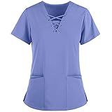 BJJH Outdoor Damen Pflegebekleidung V-Ausschnitt Schlupfhemd Kasack Einfarbig Kurzarm Bluse Tshirt Schlupfkasack Berufskleidung Krankenpfleger Uniformen Zwei T